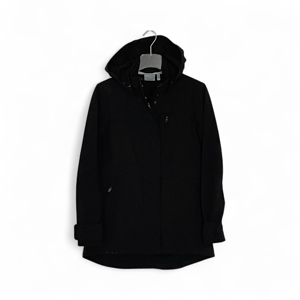 Athleta XS Shelter Cove Softshell‎ Hooded Parka Jacket Black Snap Storm Flap - Picture 5 of 10